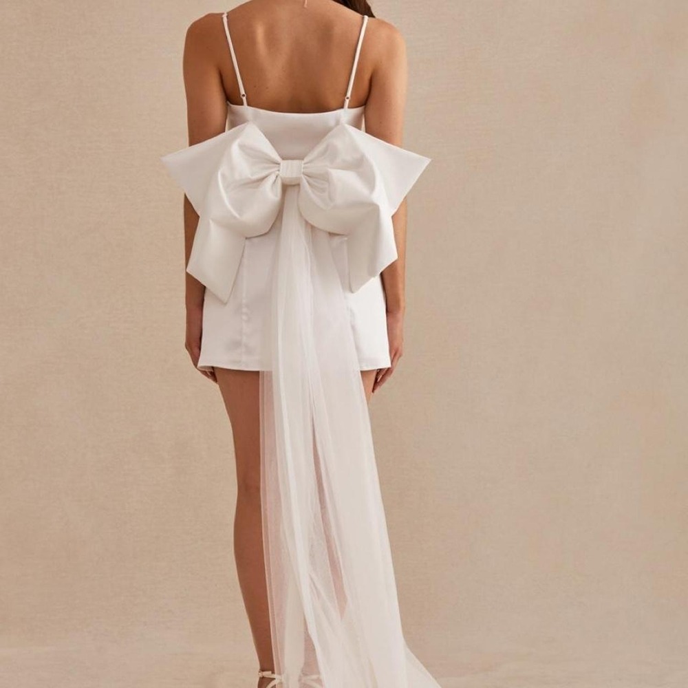 NWT Birdy Grey Ada Structured Bow Mini Dress White Bridal Train Small